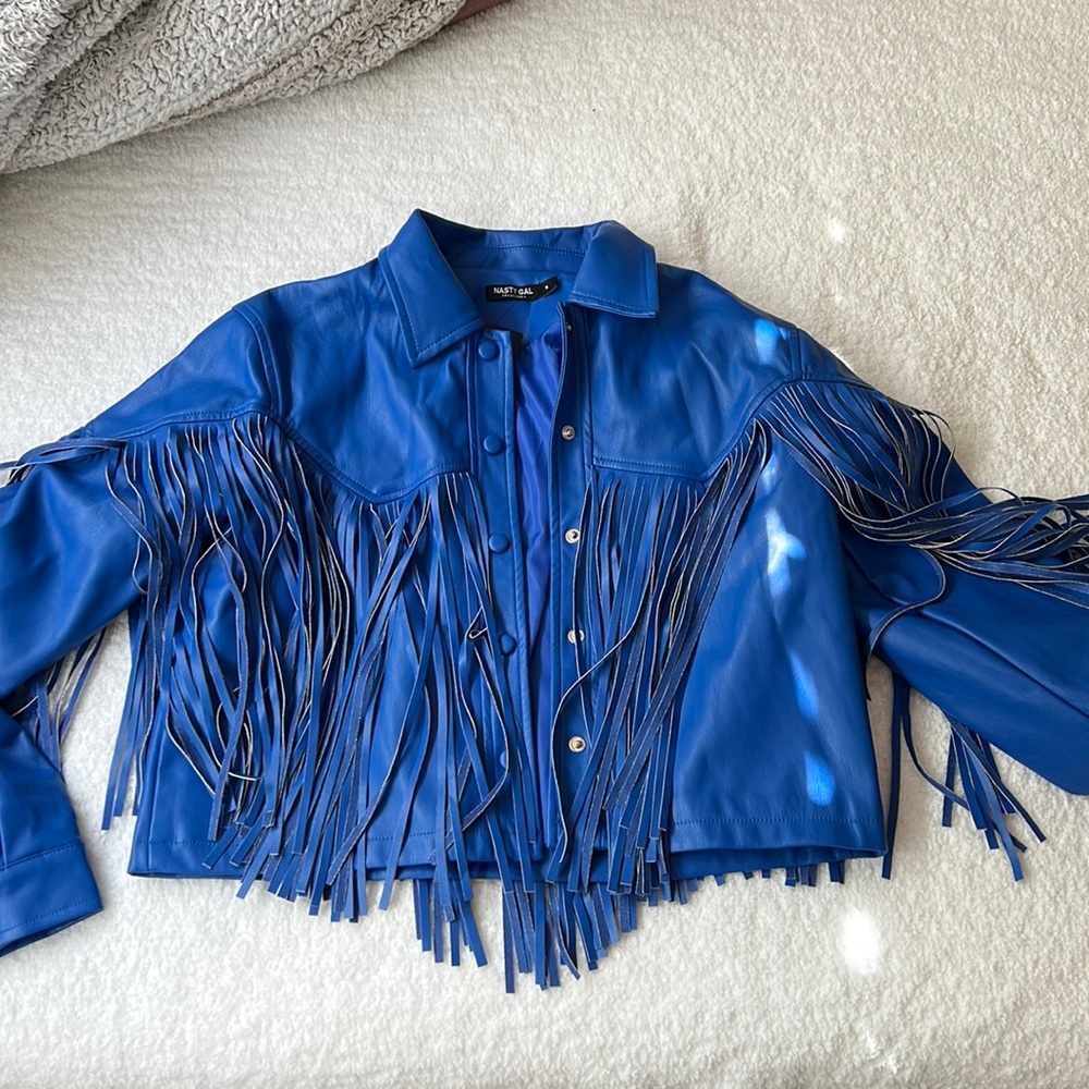 Blue faux leather fringe jacket